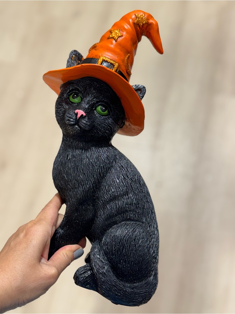 Black Cat Halloween Figurine with Orange Witch Hat - Decorative Pet Ornament